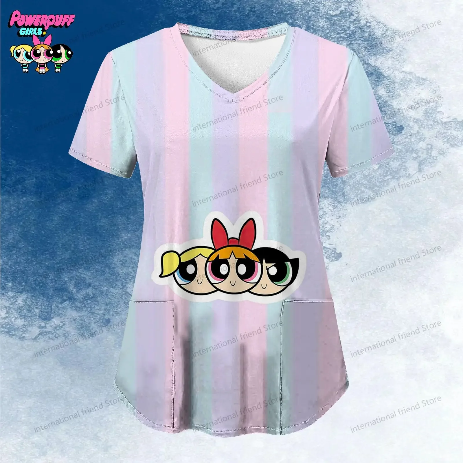 Women\'s V Neck Nurse Uniform T-Shirt Pocket The Powerpuff Girls Summer Woman Clothing Kawaii Y2k New Dress Tshirts Dames 2024