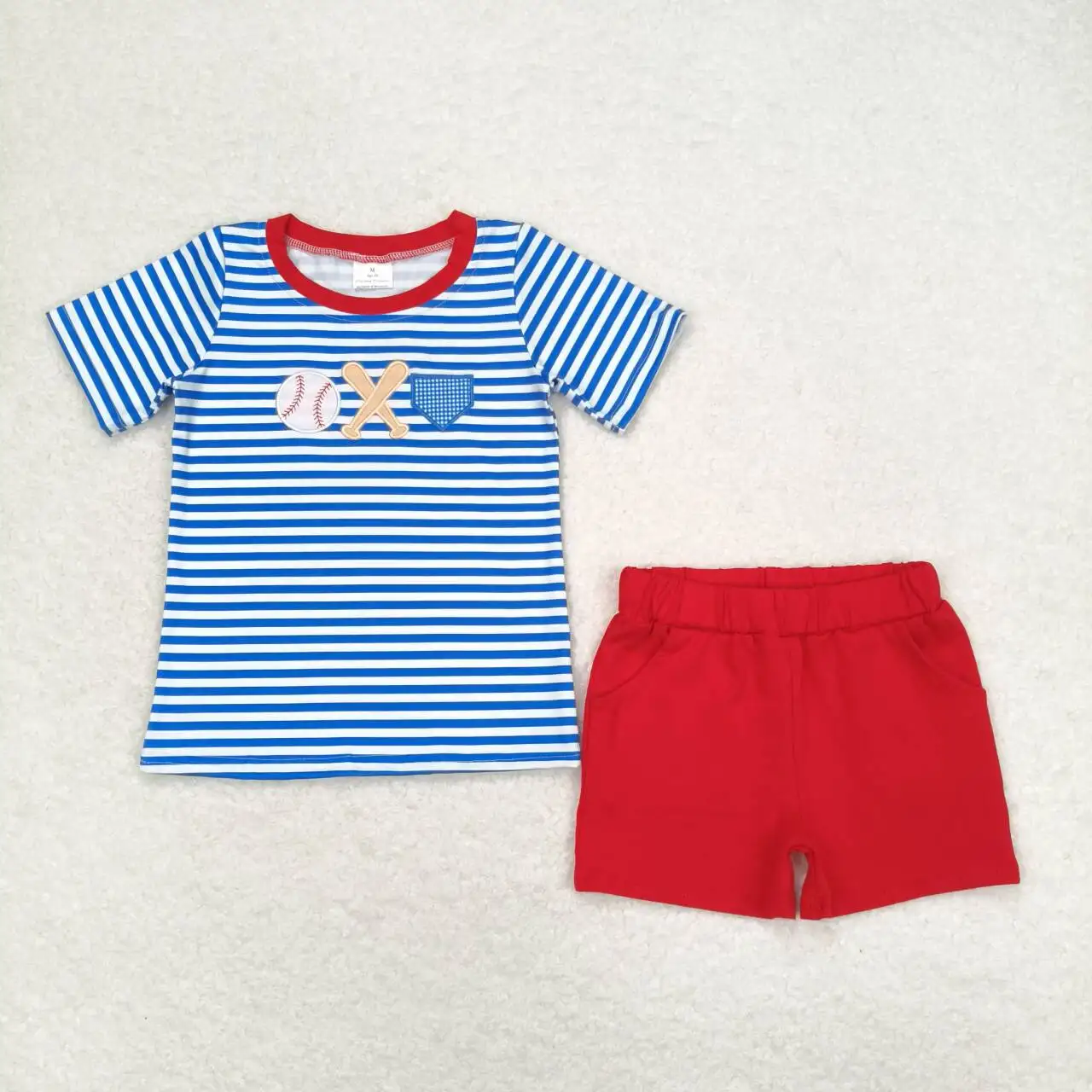 Summer Match Baby Boys Girl Baseball Blue And White Striped Flying Sleeve Red Briefs Bummies Suit Wholesale Boutique Clothes