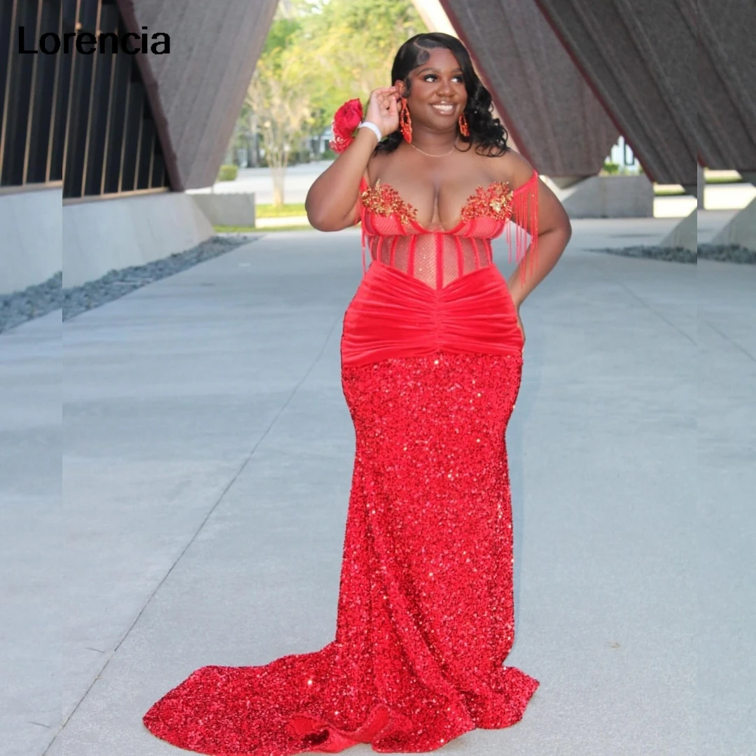 Customized Red Sequin Mermaid Prom Dress Blackgirls Rhinestones Crystal Beads Tassel Party Gala Gown Vestidos De Festa YPD120