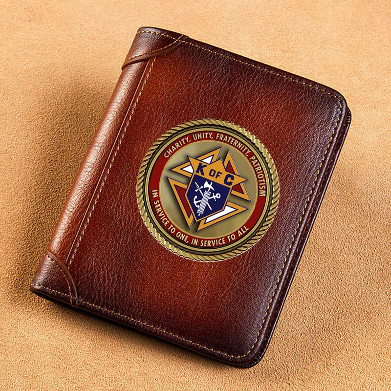 High Quality Genuine Leather Wallet Knights of Columbus Charity Unity Fraternity Patriotism Printing Standard Short Purse BK1212