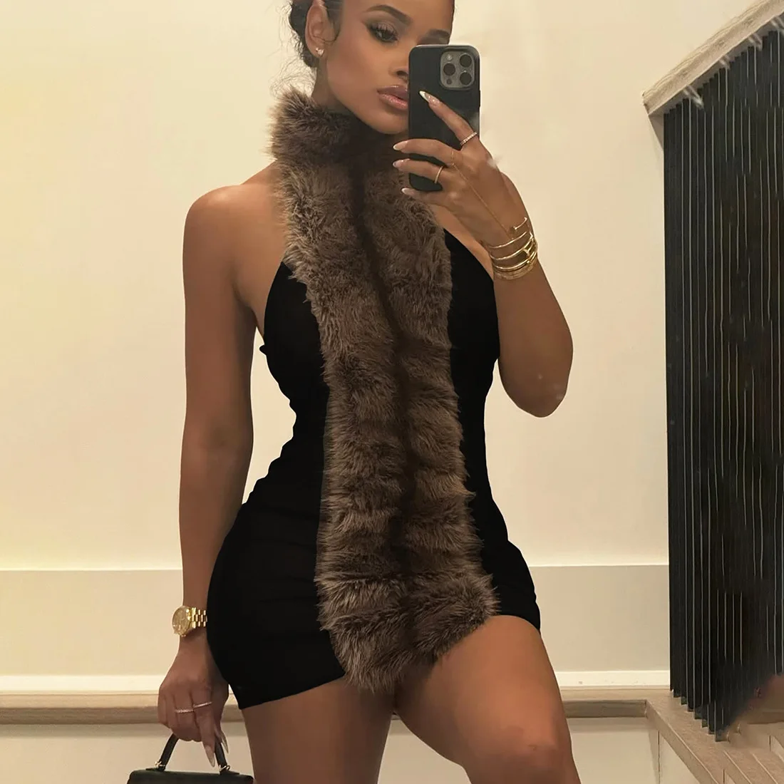 Donna Halter Dolcevita con spalle scoperte Backless Strano Puss Fluff Patchwork Abito Skinny Peach Hip Hottie High Street Style Aderente