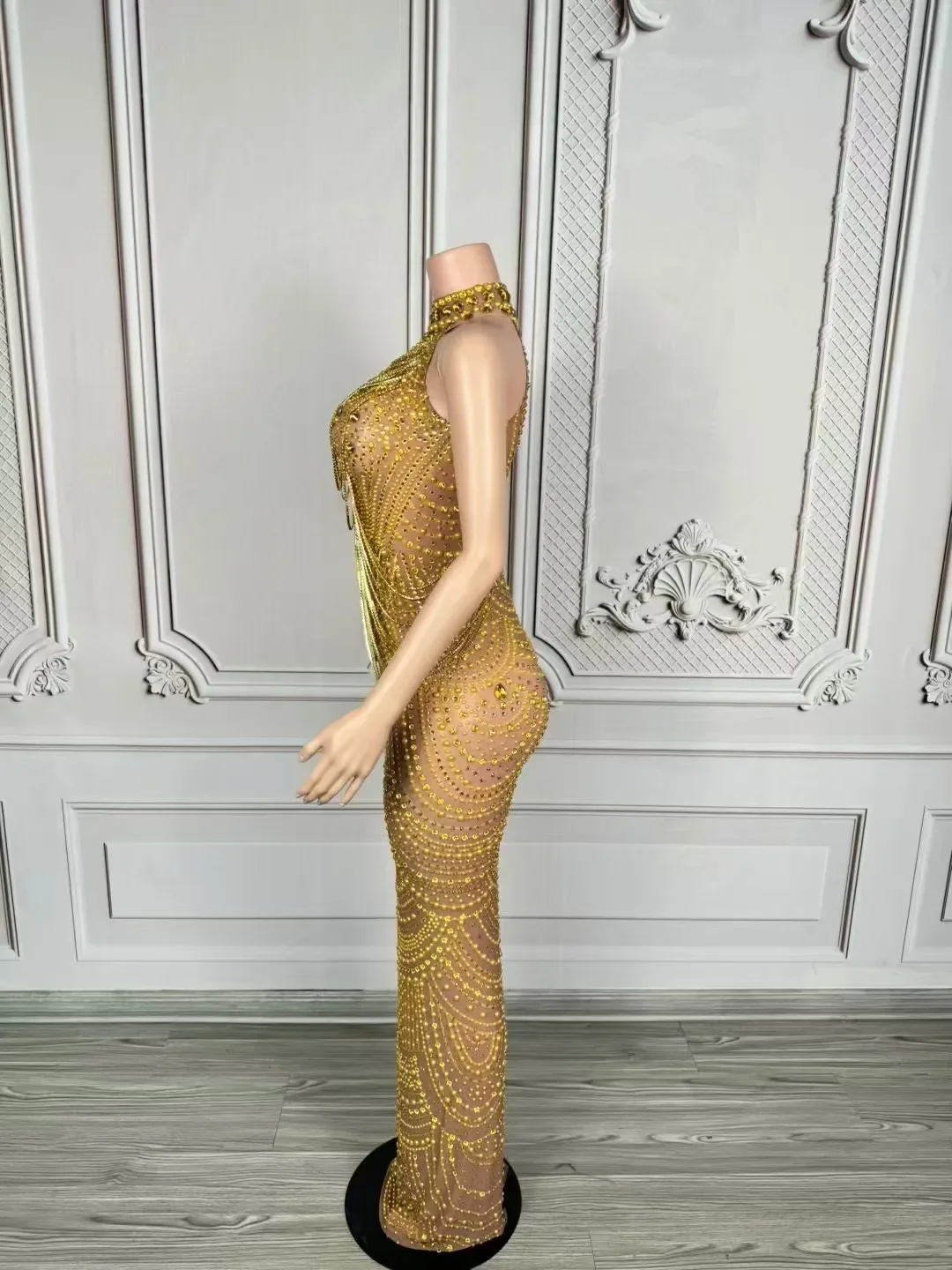 Abito lungo di lusso con catena di perle e strass Abito lungo da donna in rete sexy Cantante Stage Wear Matrimonio Compleanno Drag Queen Photoshoot Dress