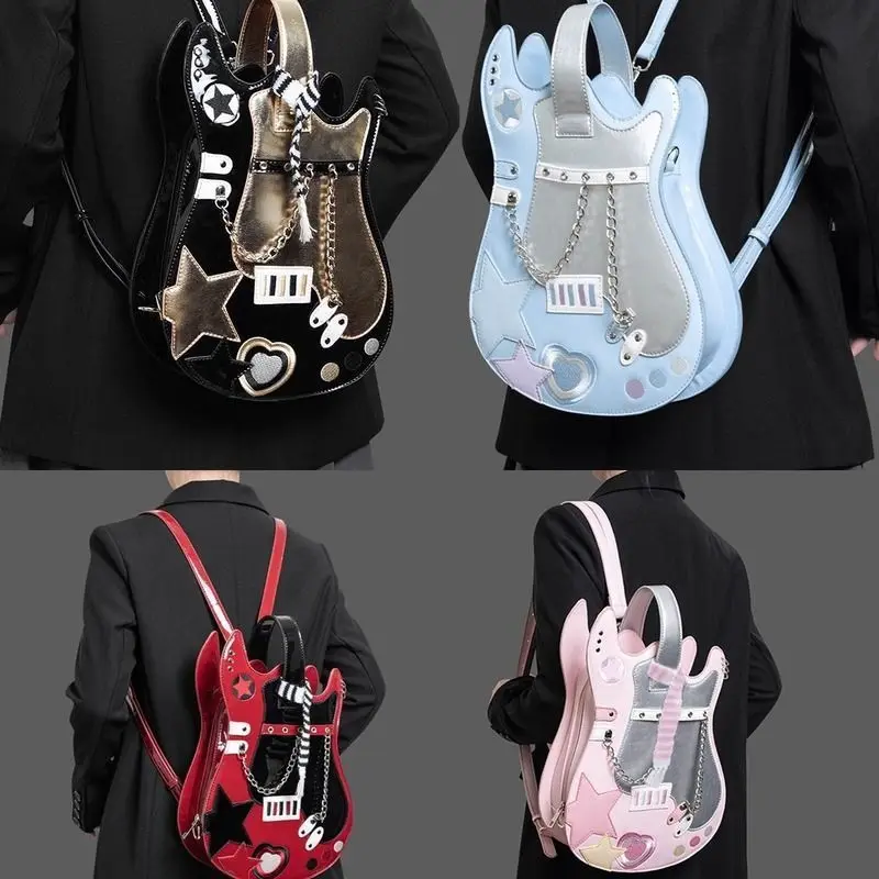 Red Guitar Bag Creative Contrasting Colors Cute Scarf Double Shoulder Crossbody Backpack Sweet Love Bag High Appearance Level