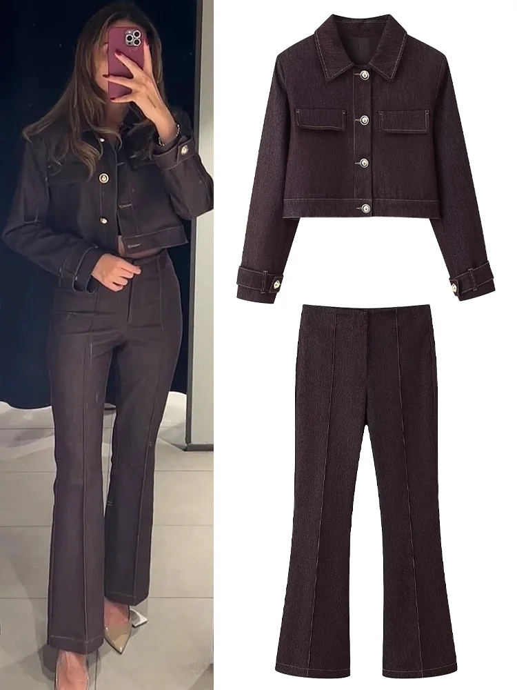 Hh outono moda feminina lapela bolso manga longa único breasted botão jaqueta curta + zíper bell-bottoms sólido conjunto de 2 peças