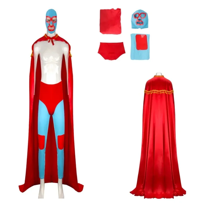 

New Men's Nacho Cosplay Costume Mexican Wrestling Libre Red Cloak Mask Pants Shorts Full Set Adult Halloween Carnival Costumes