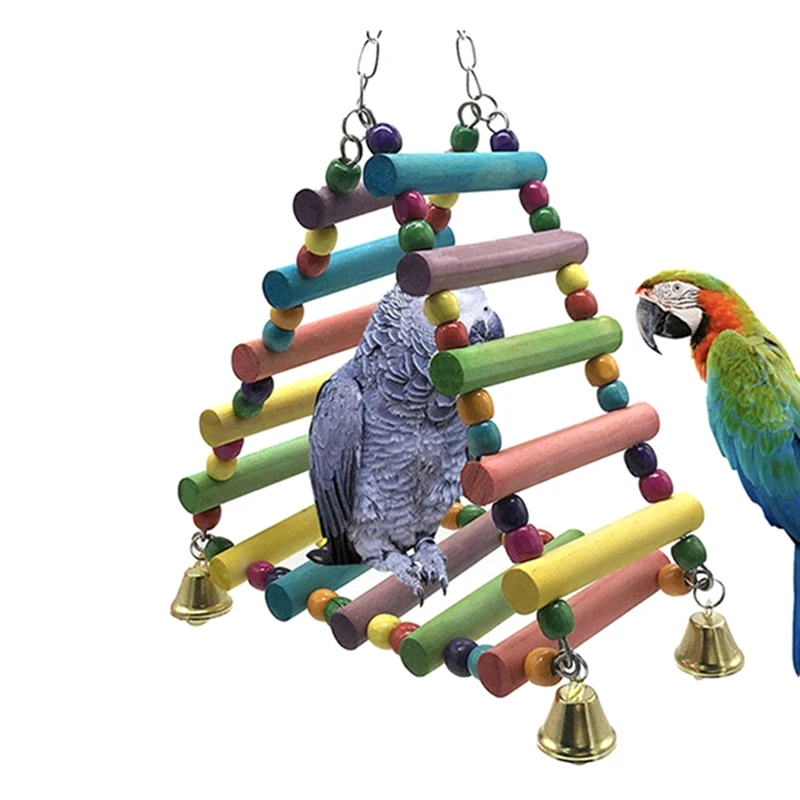 Parrots Toys Bird Swing Climbing Hanging Ladder Bridge Wooden Rainbow Pet Parrot Macaw Hammock Bird Toy With Bell