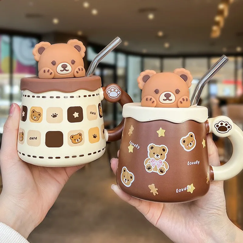 Creative Cute Lovely Bear Ceramic Mug with Lid, Coffee Cups, Breakfast Milk Mugs,Cup with Straw Water Cup, Large Capacity