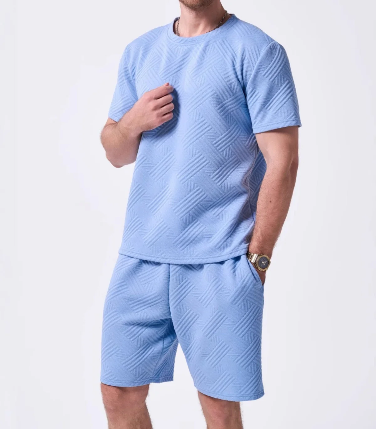 Men's Summer Casual Round-Neck T-Shirt Shorts Set Fashionable Knitted Jacquard Solid-Color Sportswear Short-Sleeved Outfit