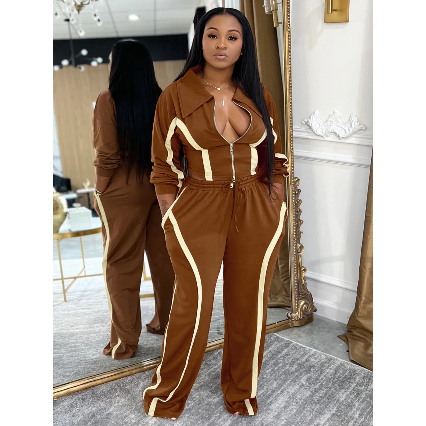 ชุดเซ็ตเสื้อครอปและกางเกงขายาวสำหรับผู้หญิง สไตล์ Y2K แฟชั่นสตรีทแวร์ ชุดออกกำลังกายดีไซน์เนอร์ แจ็คเก็ตและโค้ทสุดหรู ชุดสองชิ้น