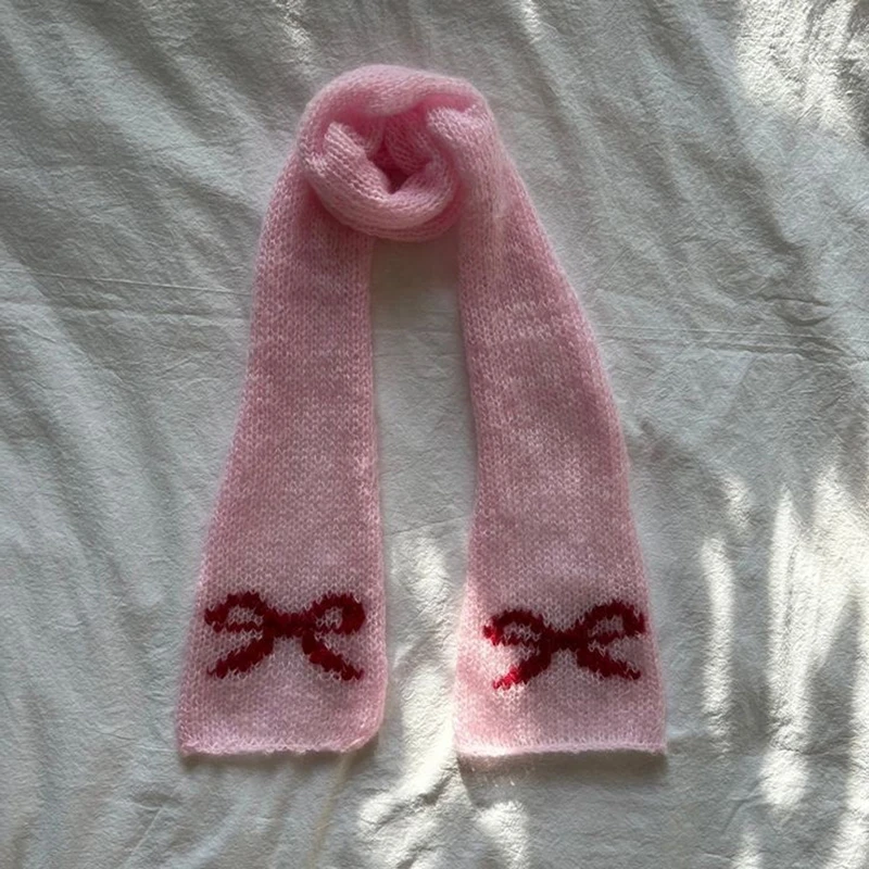 Bowknot Patterm Soft Warm Scarf Y2k Fairy Aesthetic Japanese Kawaii Knitted Scarf Clothing Accessories Winter Neck Warmer Scarf