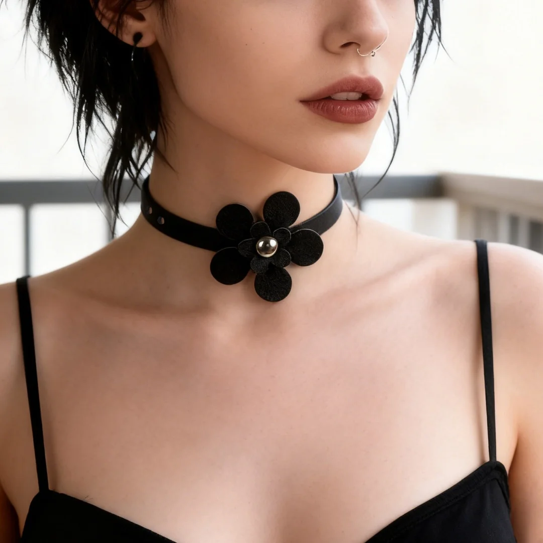 

Punk Spike Metal Flower Collar Girls Leather Harness Choker Necklace for Women Party Club Chockers Gothic Jewelry Harajuku