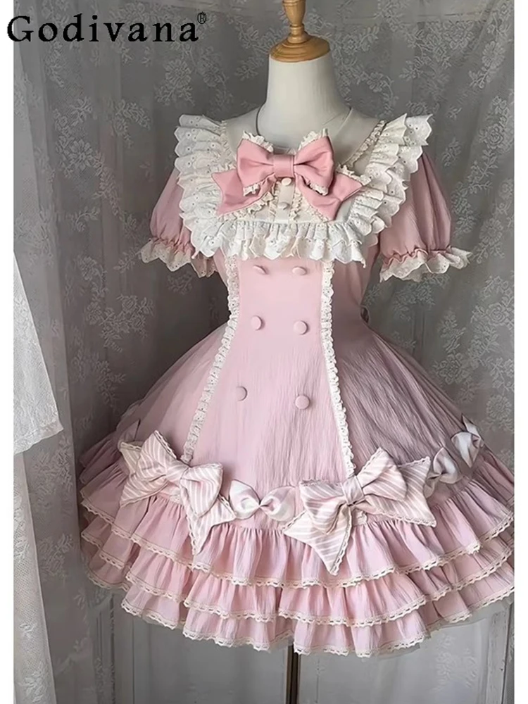 

Soft Girls Pink Lolita Short Sleeve Dress Women's Sweet Cute Bow Slim Fit Elegant Princess Party Dress Student Kawaii Dress