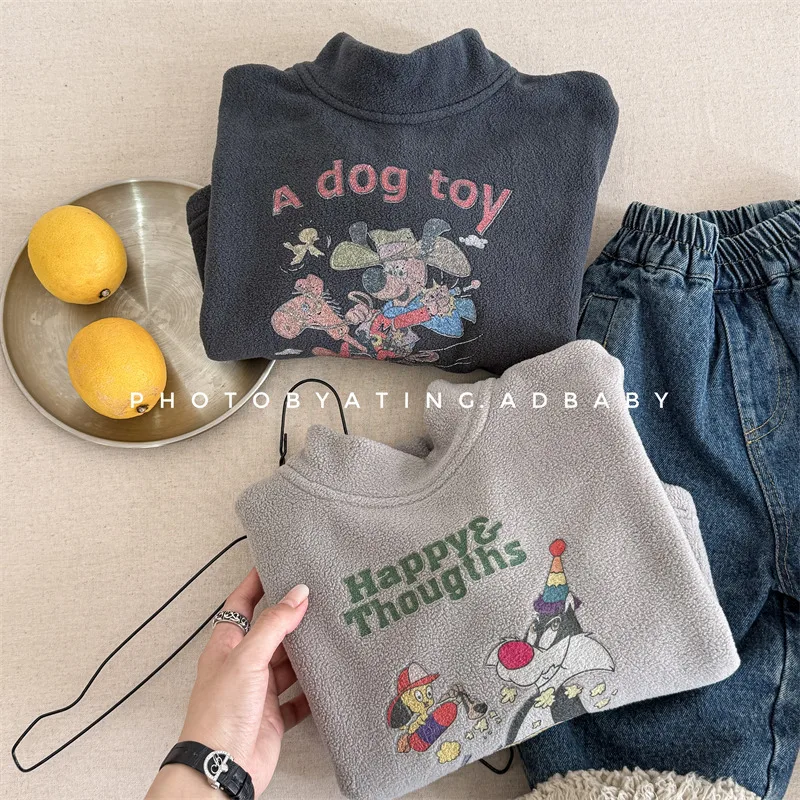 2025 Winter New Baby Plus Velvet Thick Sweatshirt Cartoon Print Girls Warm Fleece Tops Boys Bottoming Shirts Kids Pullover