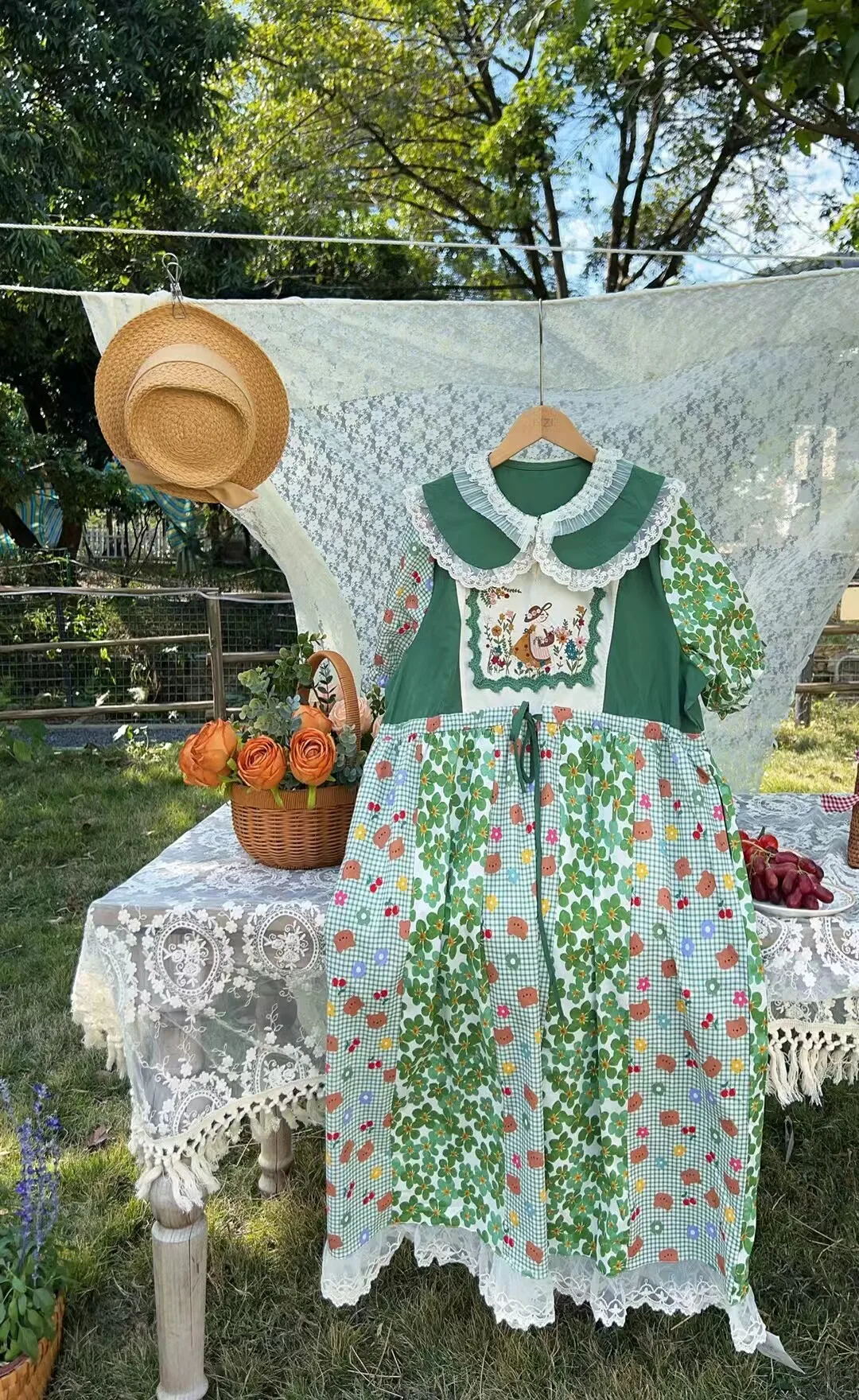 

Green Female Summer Cotton Patchwork Lace Vintage Long Dress Vintage Retro Kawaii Mori Girl Cottage Core Goblincore Midi Dress