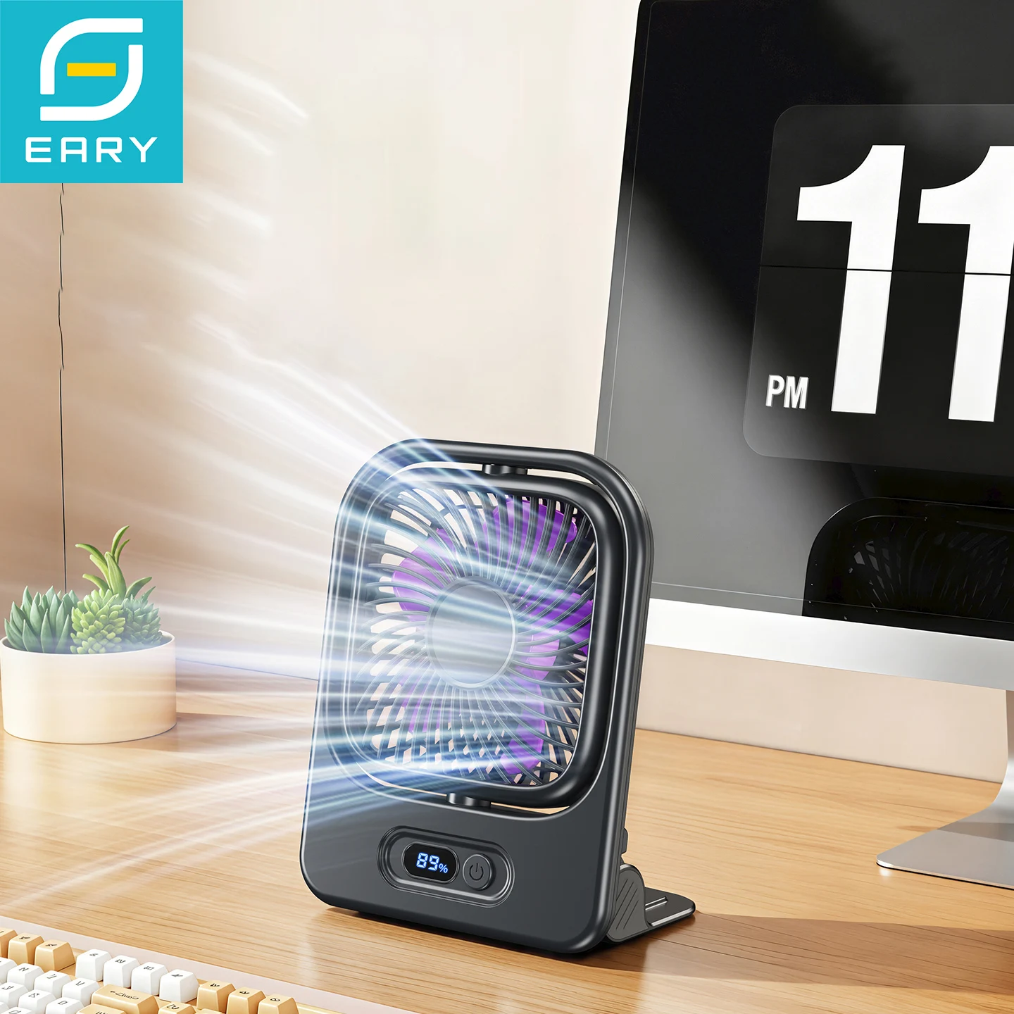 Ventilador de Mesa Portátil Eary com Bateria de 3000mAh, Ventilador Magnético Montado na Parede, Recarregável via USB, 4 Velocidades, Ultra Fino