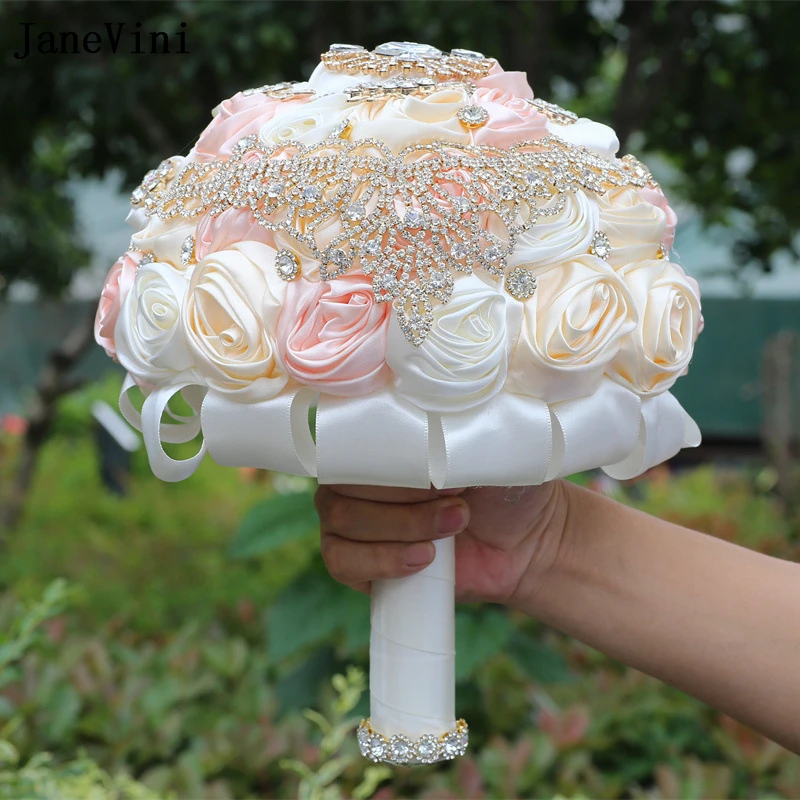 JaneVini Luxury Gold Rhinestone Jewelry Bridal Bouquets Wedding Decoration Satin Flowers Roses Light Pink Romantic Bride Bouquet