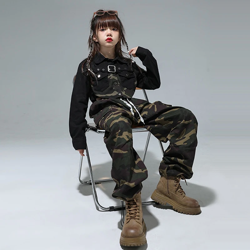 

Детская одежда в стиле хип-хоп, костюм для уличных танцев для девочек, джазовый танцевальный костюм, камуфляжный лоскутный топ, брюки, костюм, сценический наряд, одежда для подиума DQL10073