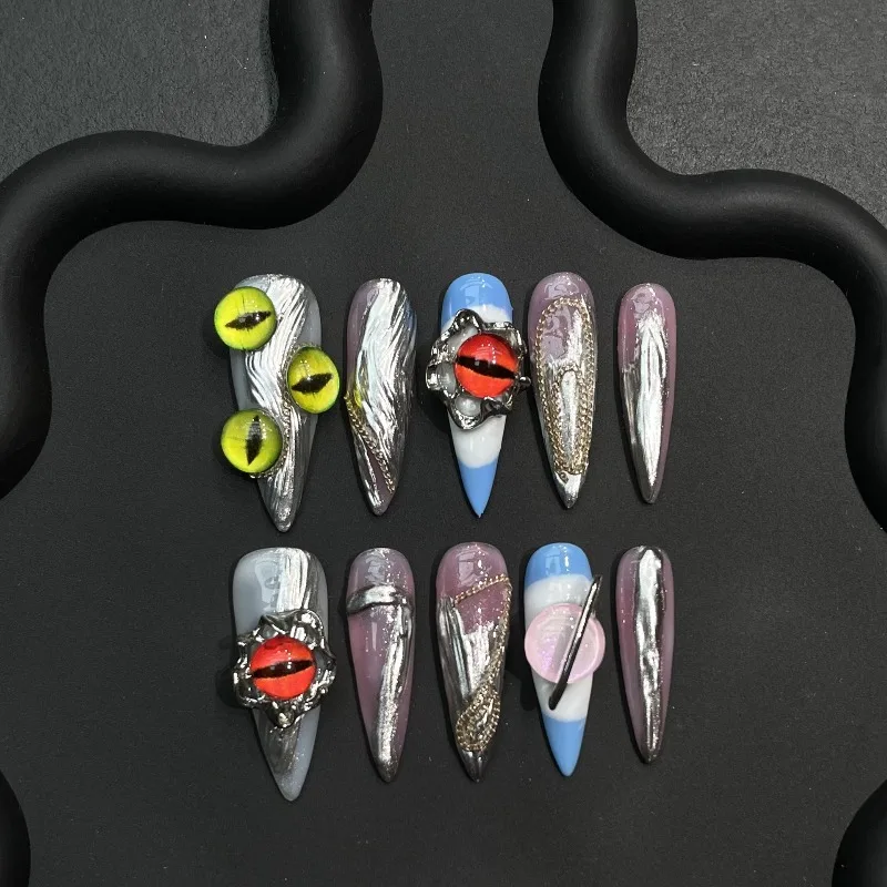 10PCS Gothic Long Stiletto Press on Nails Handmade D Devil Eye Metal Chain Silver Chrome Y2K False Nails Full Cover Wearable Tip