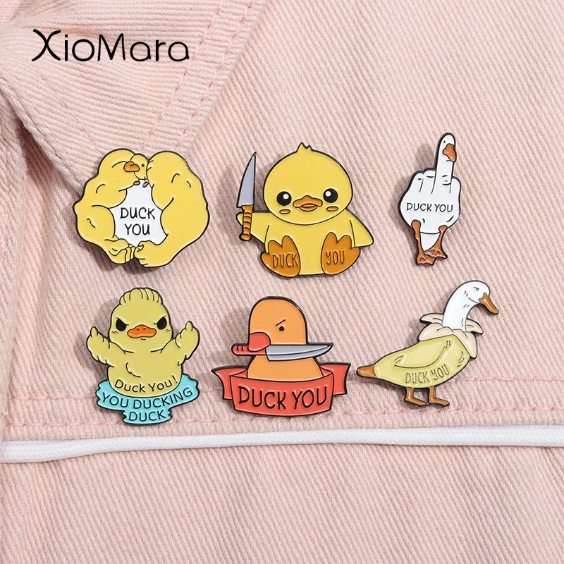 Duck You Middle Finger Enamel Pin Cartoon Funny Duck with Knife Brooch Lapel Backpack Badge Jewelry Gifts for Friends