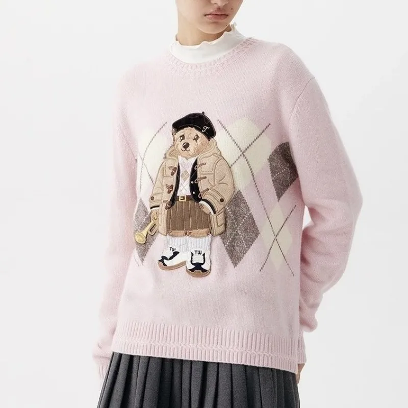 2025年秋新作 クマ柄ニットプルオーバー レディースファッション ダイヤモンドジャカード フィット Oネックセーター 高級刺繍ジャンパー トップス