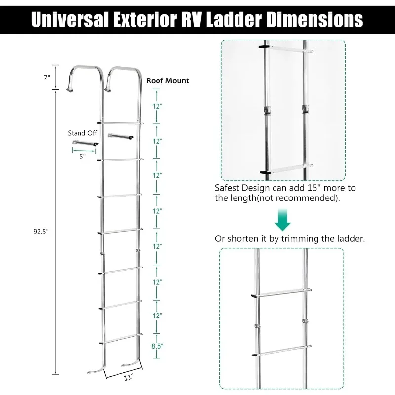 

Universal Exterior RV Ladder, 7.6FT-8.4FT Aluminum 250lbs Capacity, Sliverbrand new Travel Trailer Ladder,