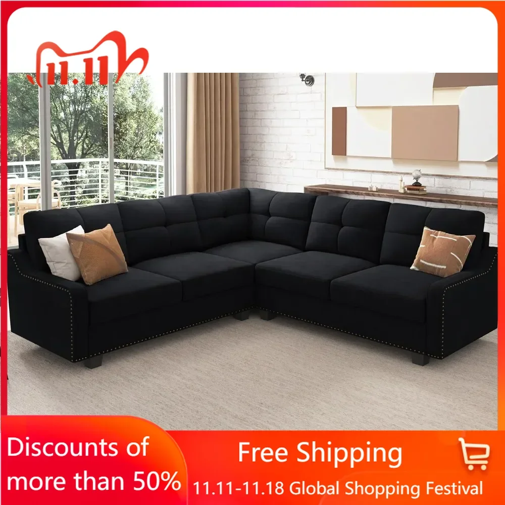 Convertible Sectional Sofa L Shaped Couch for Small Apartment Reversible Sectional Couch for Living Room,Velvet Black, Sofa