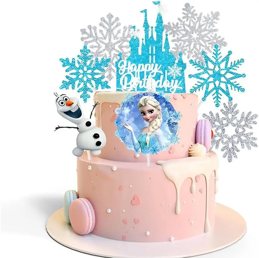 Ozdoby na tort Królewna Elsa z Krainy Lodu, brokatowy zamek, płatki śniegu, dekoracje na babeczki, zimowa kraina czarów, dekoracje na tort urodzinowy dla dzieci.