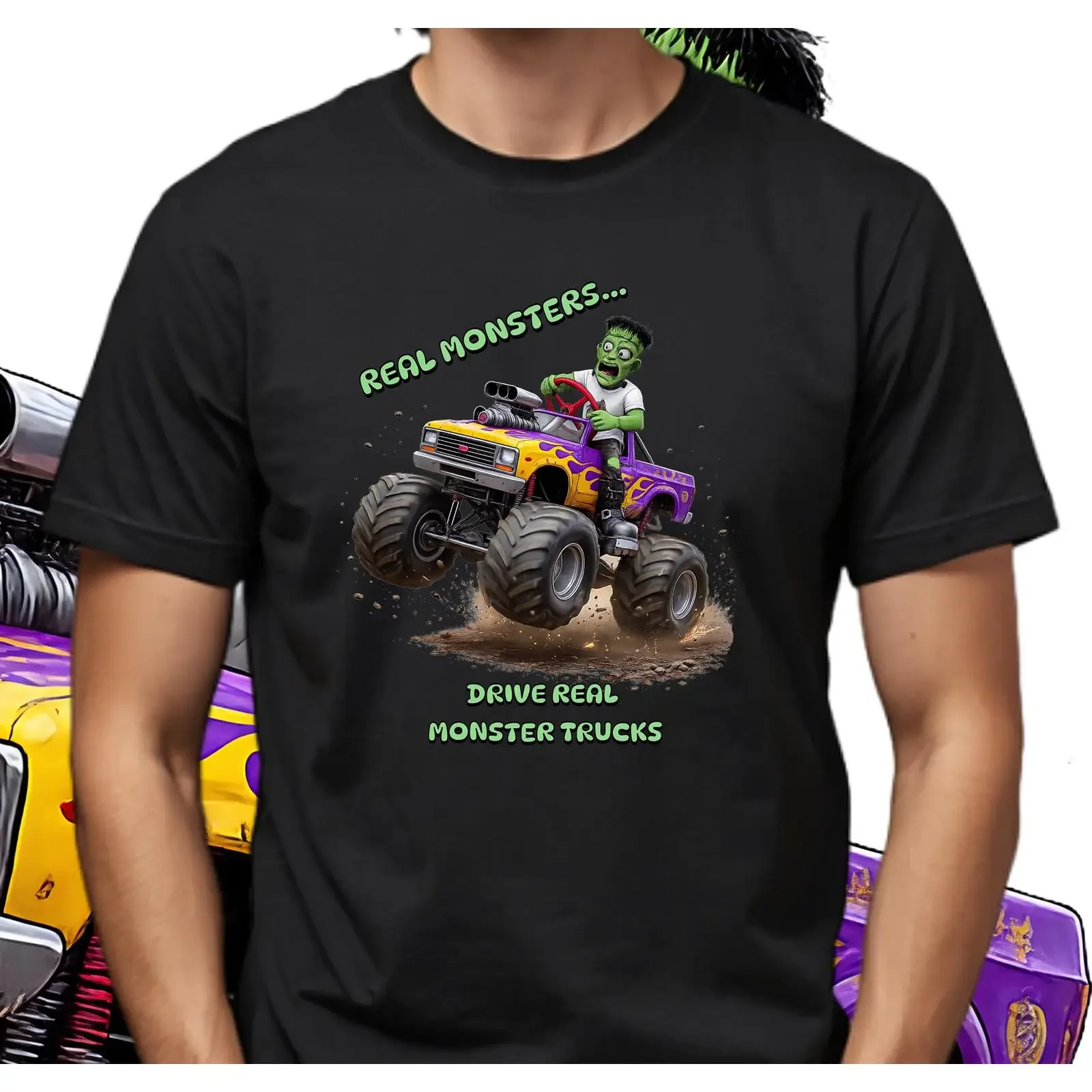 Футболка Frankenstein Monster Truck с мультяшным винтажным принтом, слегка комфортная, универсальная, унисекс, уличная одежда, повседневная.
