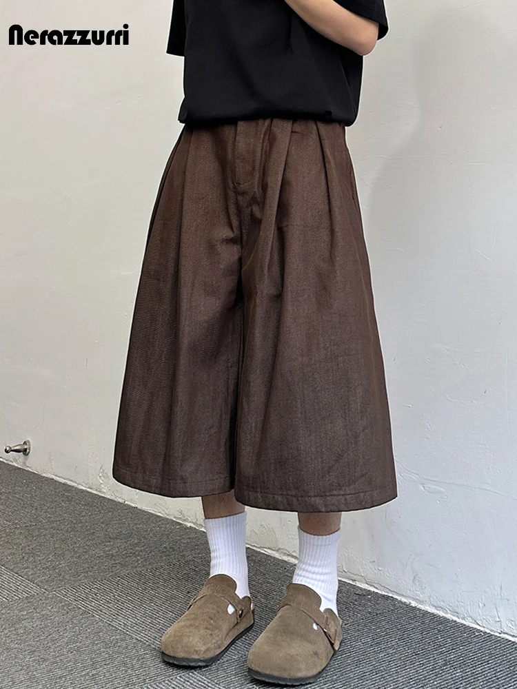 Nerazzurri Spring Summer Baggy Brown Wide Leg Calf-Length Pants for Men Elastic Waist Luxury Loose Casual Menswear Clothing 2026