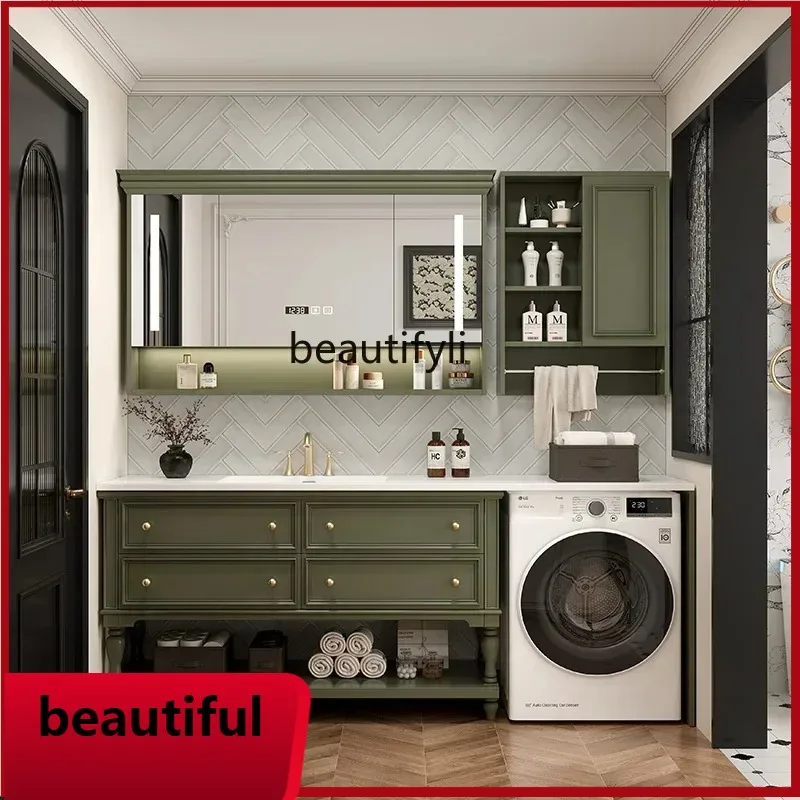

F156 French retro bathroom cabinet combined washing machine cabinet rock slab integrated basin paint floor cabinet washstand