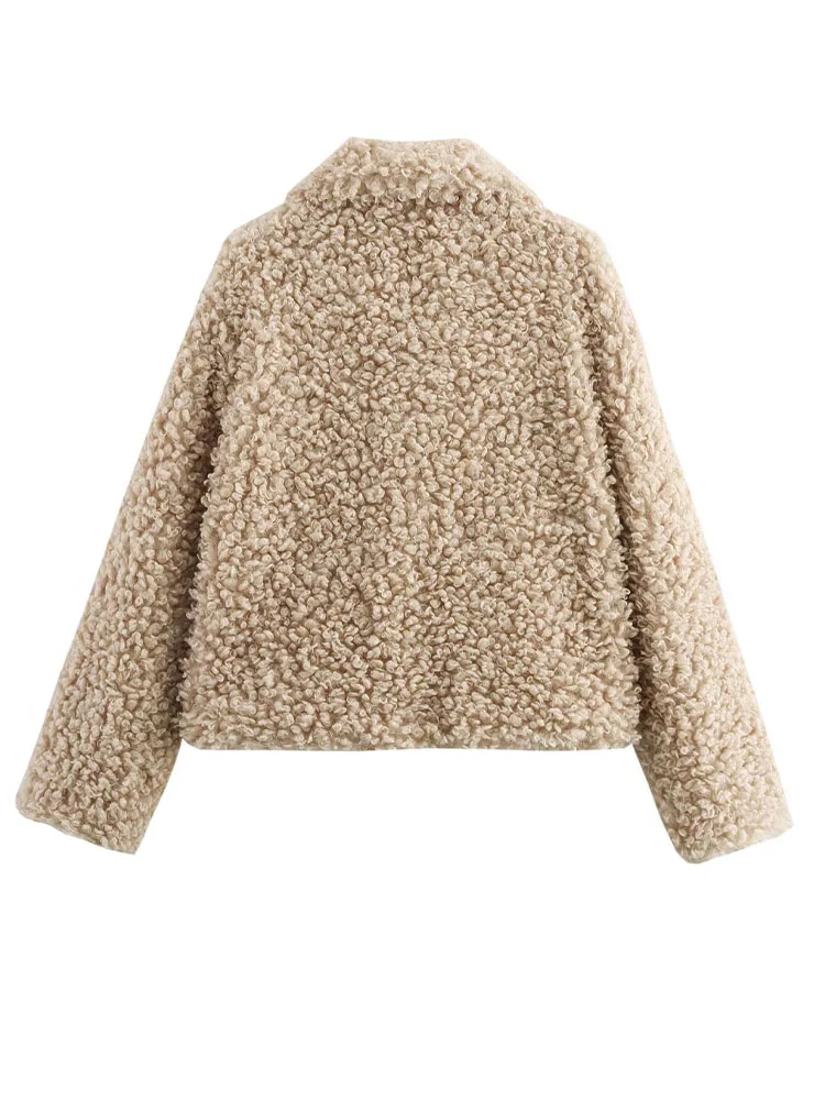 2025 women's clothing design knot buckle fleece warm long sleeves soft waxy lambskin lazy style short coat