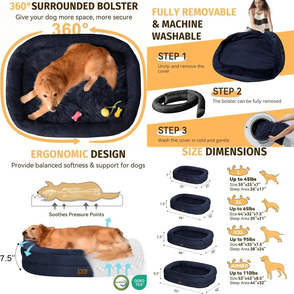 

Ортопедическая лежанка для собак XXL из пены с эффектом памяти с съемным моющимся чехлом и бортиком для крупных питомцев - нескользящая, темно-синяя