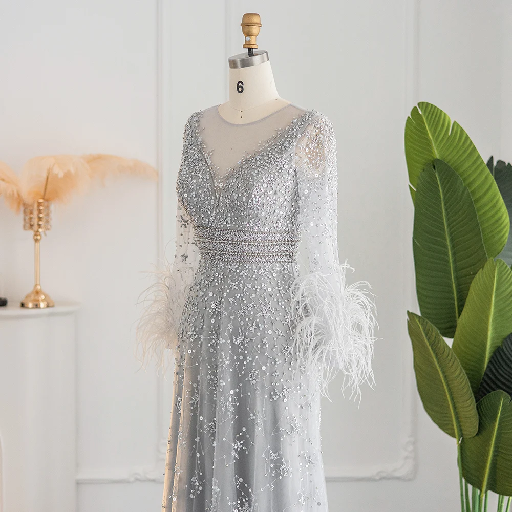 Sharon Said Luxuriöses Abendkleid mit Perlen und Silberfedern in Champagner für Damen, Hochzeit, Bankett, formelle Gala, Partykleid SS101, Maßanfertigung – Detail 10