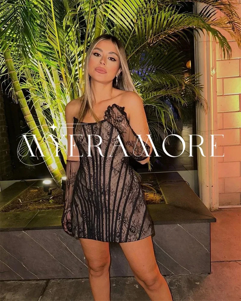 

Sexy Lace Bodycon Prom Dresses Strapless Mini Club Dress Long Glove Backless Cocktail Gowns Customized فساتين سهرة