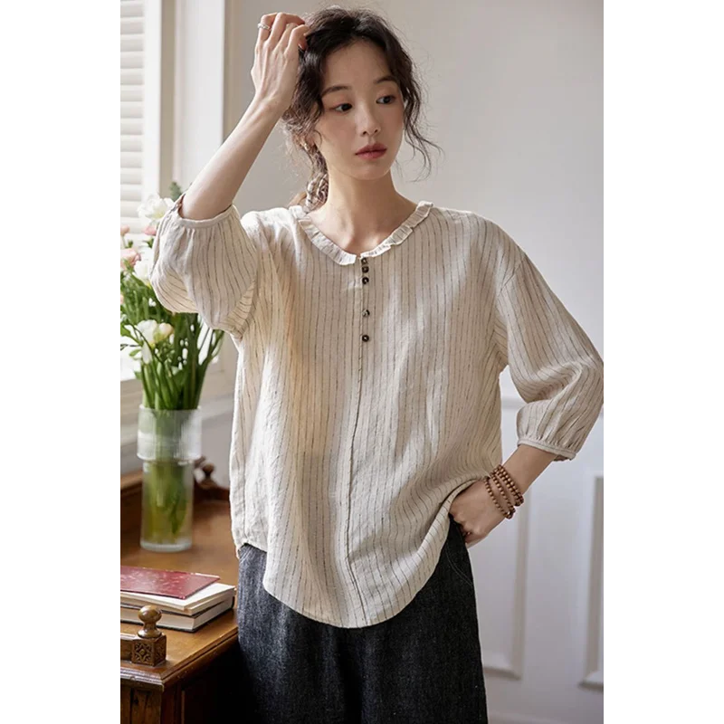 

Women's New Stitched Round Neck Button Striped Fashion Loose Versatile Casual Long Sleeve Shirts