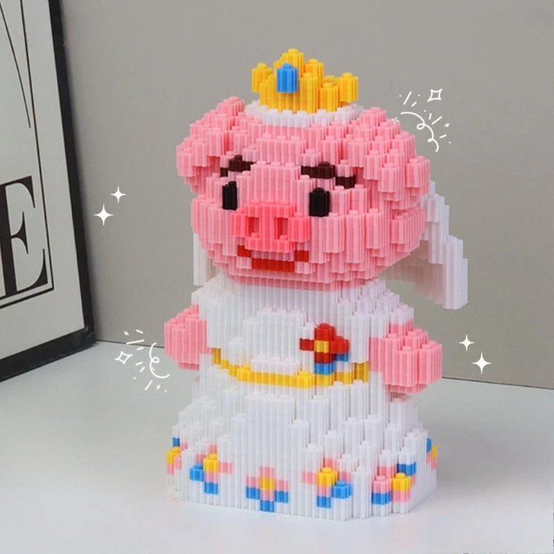 Paar Roze Varken Trouwjurk Bouwstenen Speelgoed DIY Gift Kleine Deeltje Puzzel Bouwstenen 6-12 Jaar oude Kinderspeelgoed