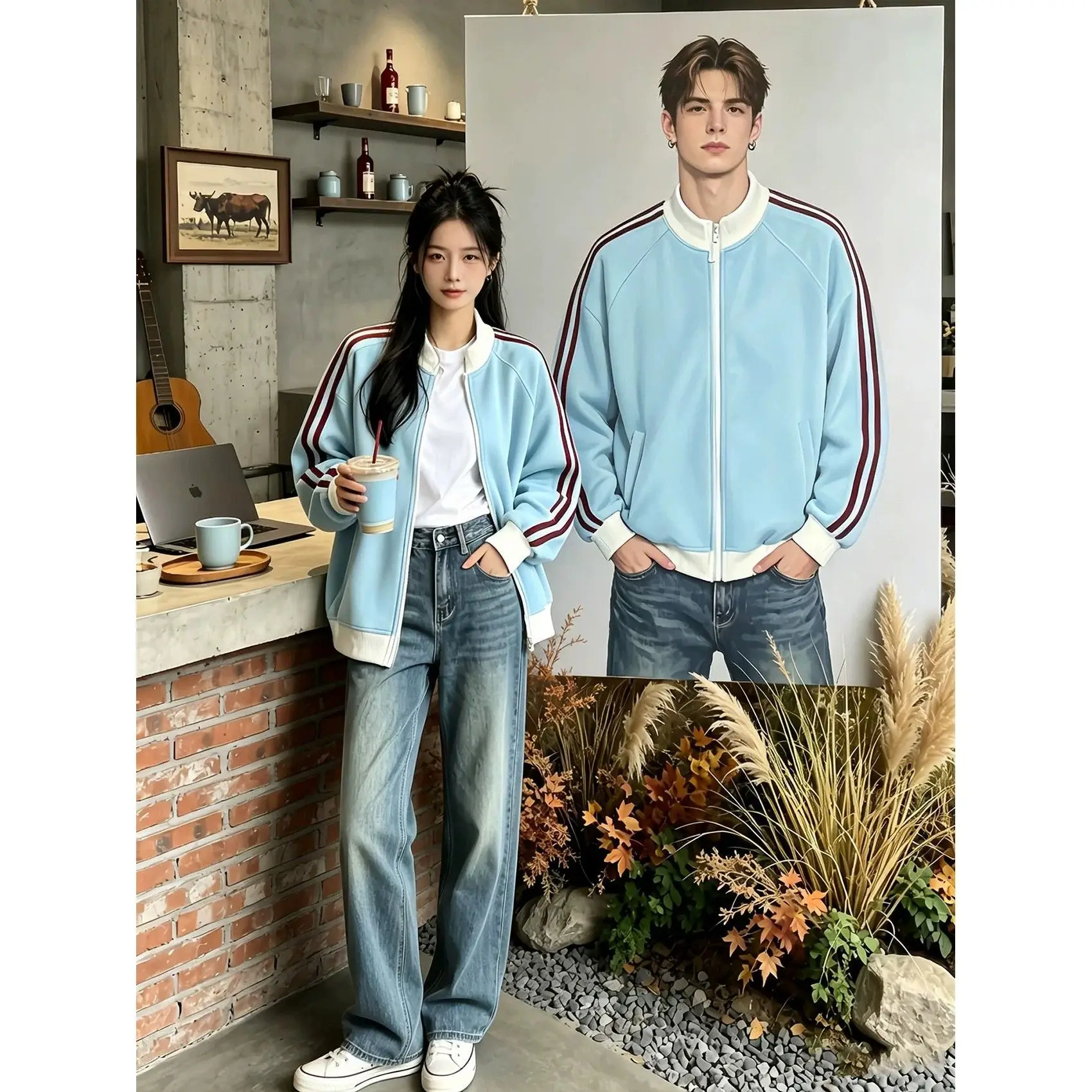 Light Blue Three Stripe Sweatshirt Men's Sporty Contrast Color Collar Jacket Striped Open Cardigan Outerwear for Autumn