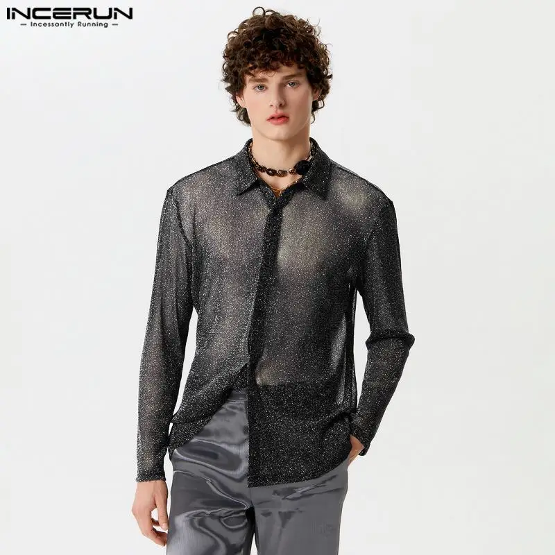 

INCERUN Tops 2024 Sexy Casual Men's Slightly Translucent Flash Fabric Shirts Fashion Personality Thin Long Sleeved Blouse S-5XL