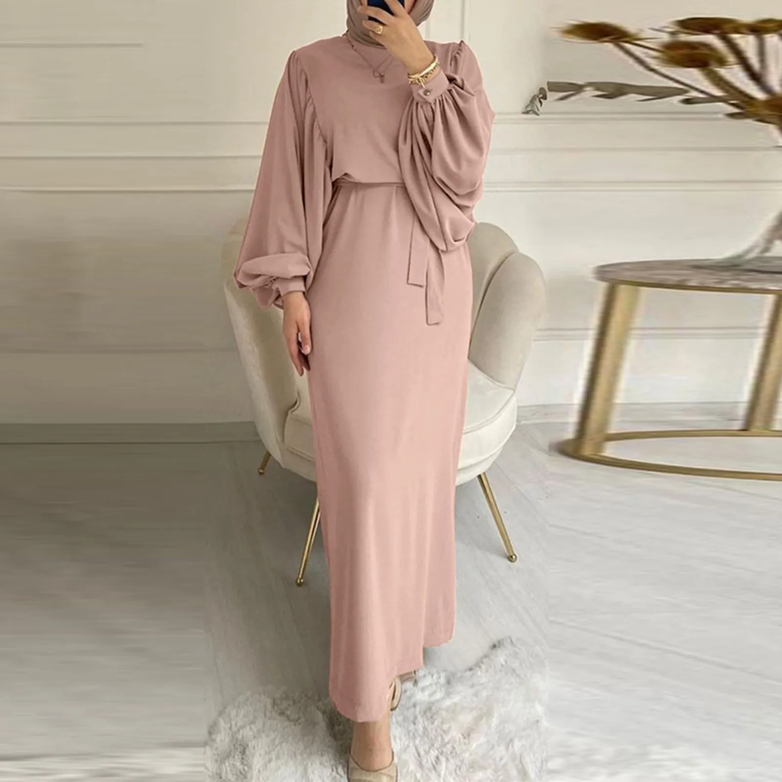 Ladies Muslim Puff Sleeve Solid Color Prayer Long Dress Women\'s Simple Belt Slimming Temperament Elegance Evening Dresses