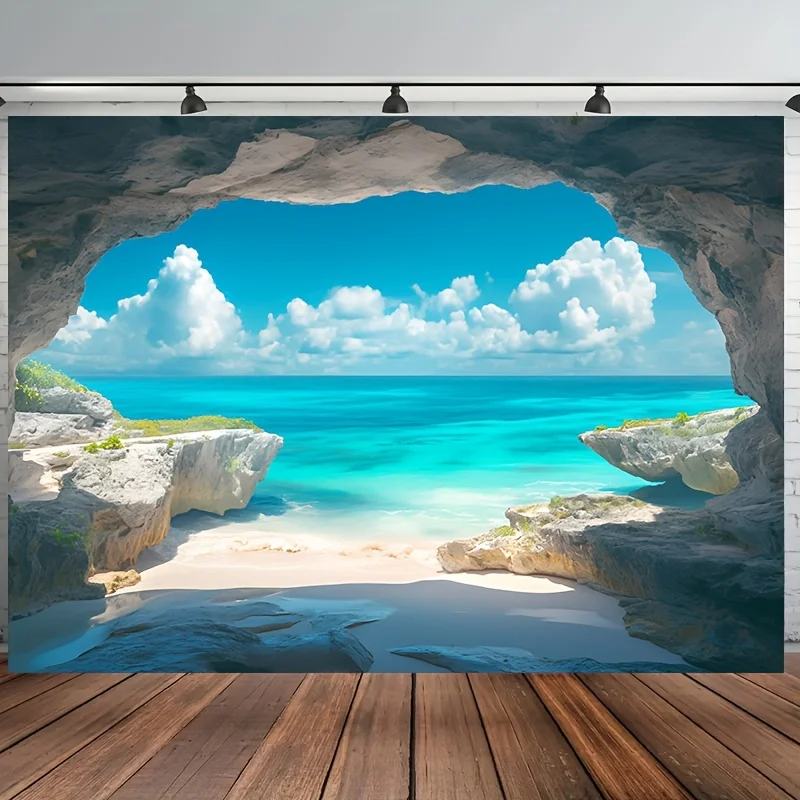 2D Flat, 1pc Ocean Beach Rock Cave Wall Tapestry - Polyester 2D Flat Banner with Tropical Beach Scene, No Electricity Needed, Ea