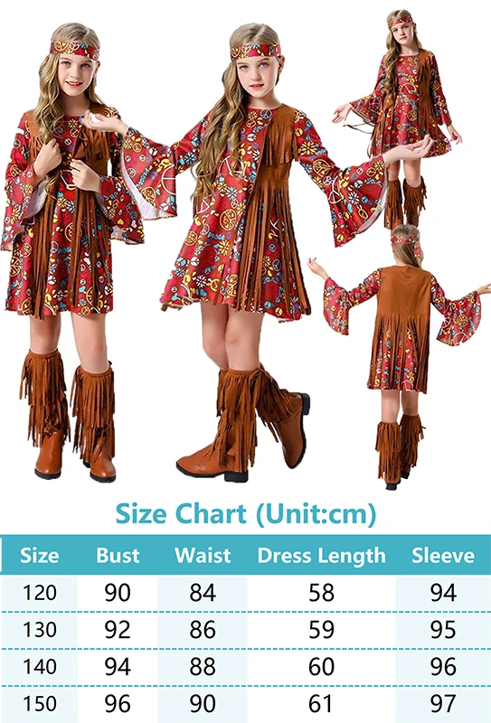 Cos Hippie Cosplay Costume para Crianças, Vestidos De Fantasia, Headgears, Acessórios De Halloween, Terno De Carnaval, Roupas De Meninas