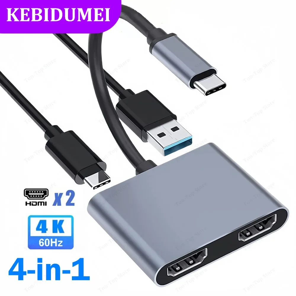 4-in-1 USB C Docking Station Dual HDMI 4K@60Hz Adapter USB 3.0 HUB Type C to HDMI USB C Splitter Adapter OTG For Laptop Macbook