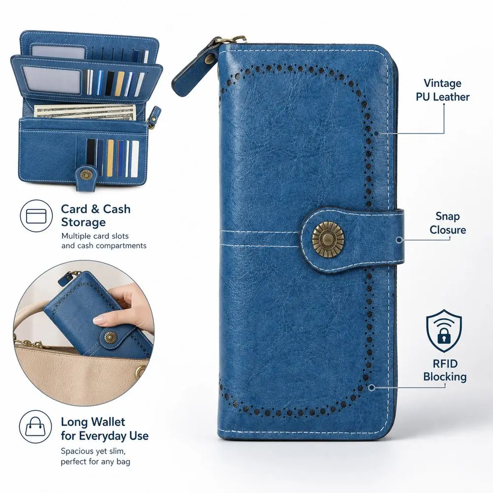 New PU Long Wallet Snap Closure Vintage Style RFID Wallet Decorative Stitching RFID Blocking Coin Wallet Women