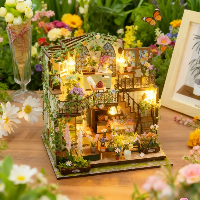 OUZEY Victorian Bloom Cottage DIY، بيت زهور خشبي ثلاثي الأبعاد من طابقين، هدية كلاسيكية للمراهقين #2