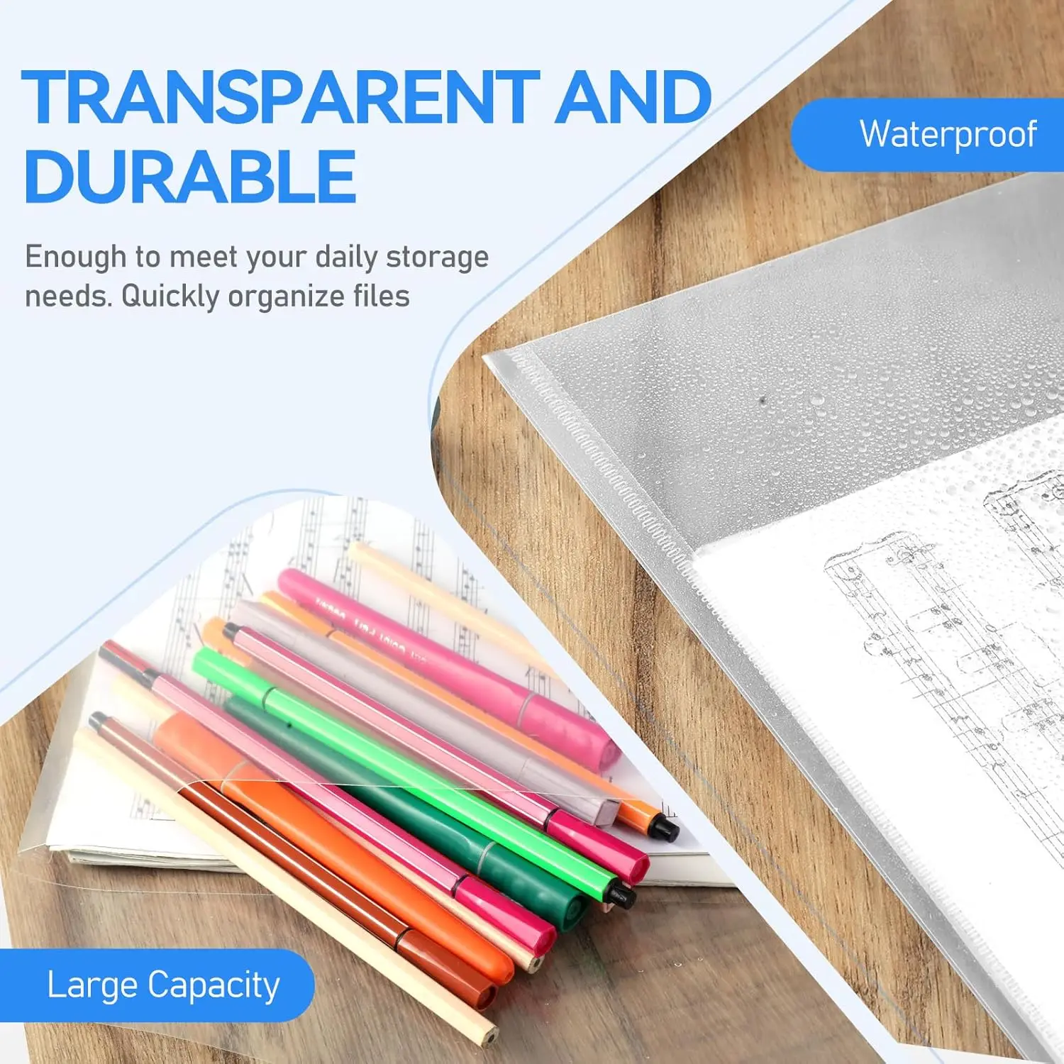 10 قطع من مجلدات الملفات الشفافة مقاس A3 مع إغلاق سريع - منظم مستندات بلاستيكي PP متين مقاوم للماء للرسومات المعمارية