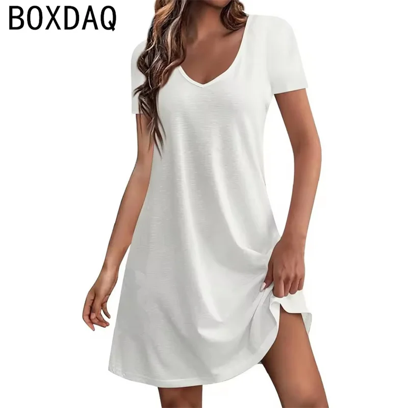 Robe d'été pour femmes, couleur unie, unie, ample, col en v, manches courtes, décontractée, ligne a, robe de plage, de vacances
