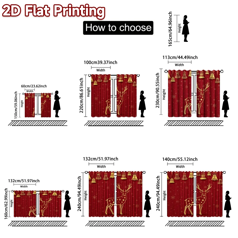 2D flat printing 2pcs Classic Hot Christmas Curtains Christmas Reindeer and Bells Durable polyester fiber Festive Holiday
