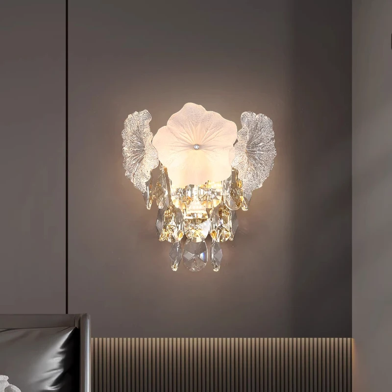 

French Luxury Wall Lamps Artistic Crystal Flowers LED Wall Sconces Living Room Bedroom Hotel Ornament High-grade Light Fittings