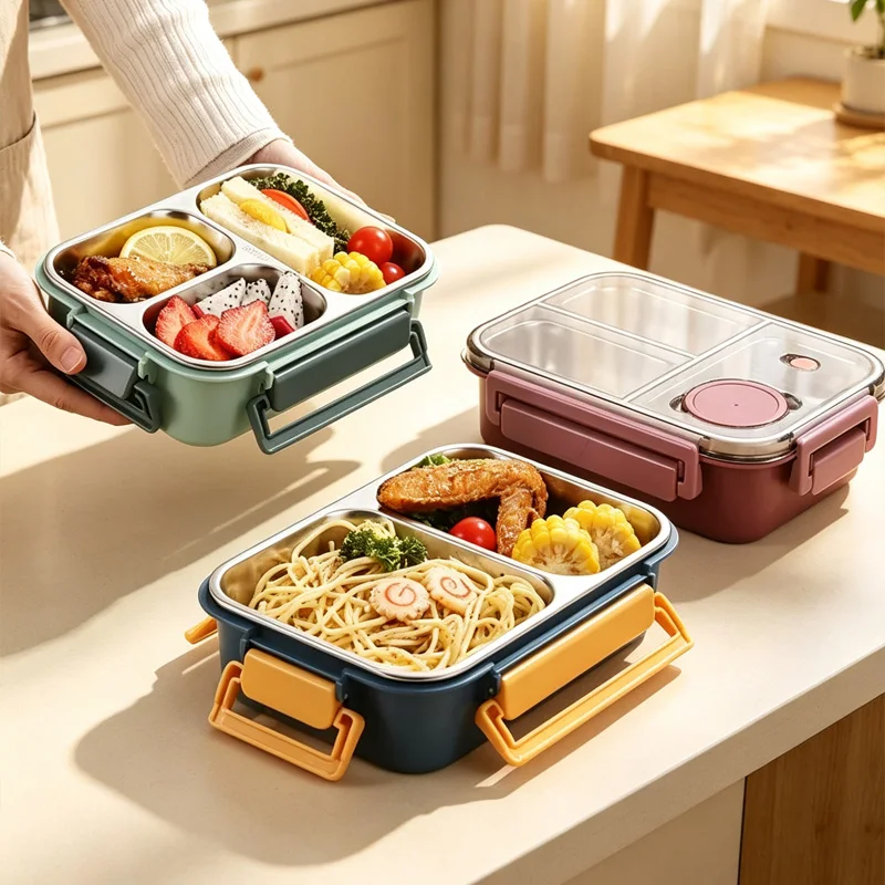 850ml portable lunch box, compartmentalized bento box, stainless steel interior, suitable for work and school.