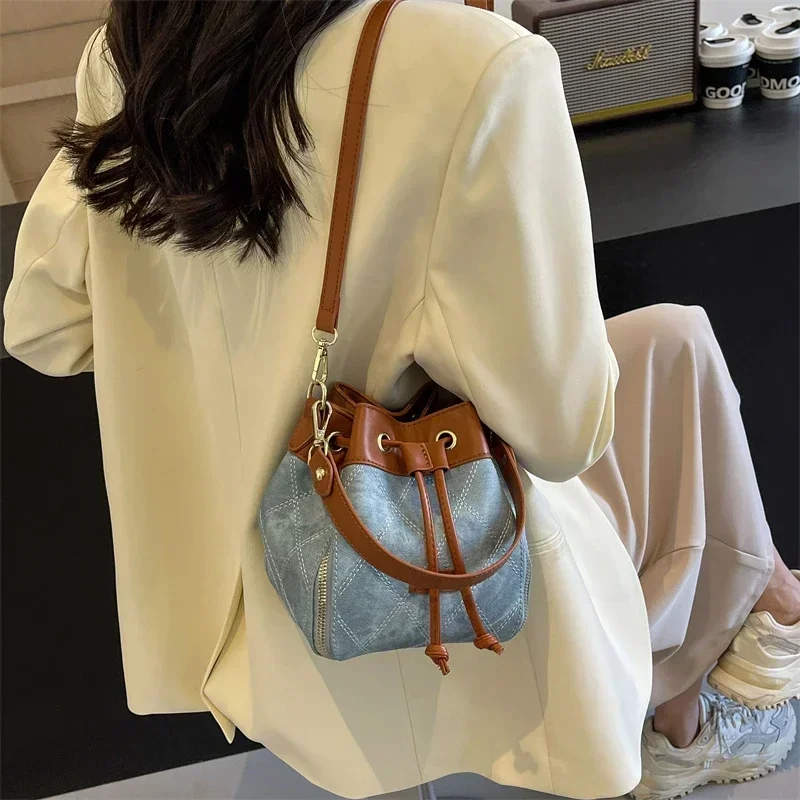 Fashion Versatile Bucket PU Shoulder and Crossbody Bags High Quality Sense of Luxury Color Matching Handbags for Women 2024 New